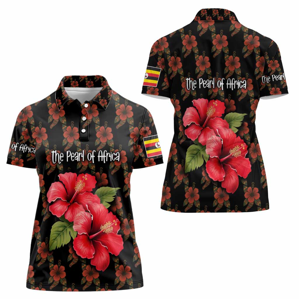 Uganda Women Polo Shirt with Hibiscus Flower Pattern and The Pearl of Africa Text