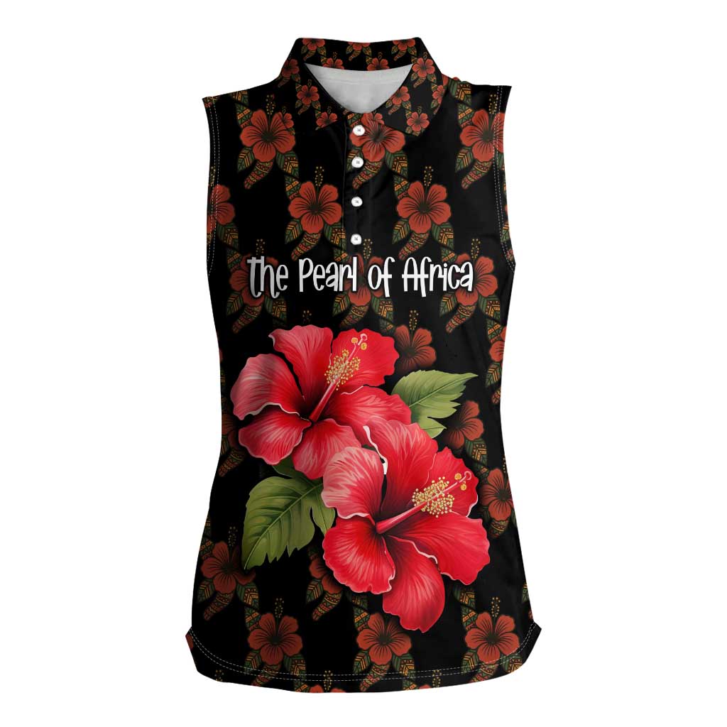 Uganda Women Sleeveless Polo Shirt with Hibiscus Flower Pattern and The Pearl of Africa Text