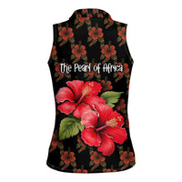 Uganda Women Sleeveless Polo Shirt with Hibiscus Flower Pattern and The Pearl of Africa Text