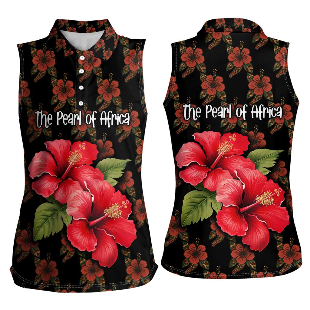 Uganda Women Sleeveless Polo Shirt with Hibiscus Flower Pattern and The Pearl of Africa Text