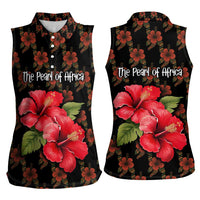 Uganda Women Sleeveless Polo Shirt with Hibiscus Flower Pattern and The Pearl of Africa Text