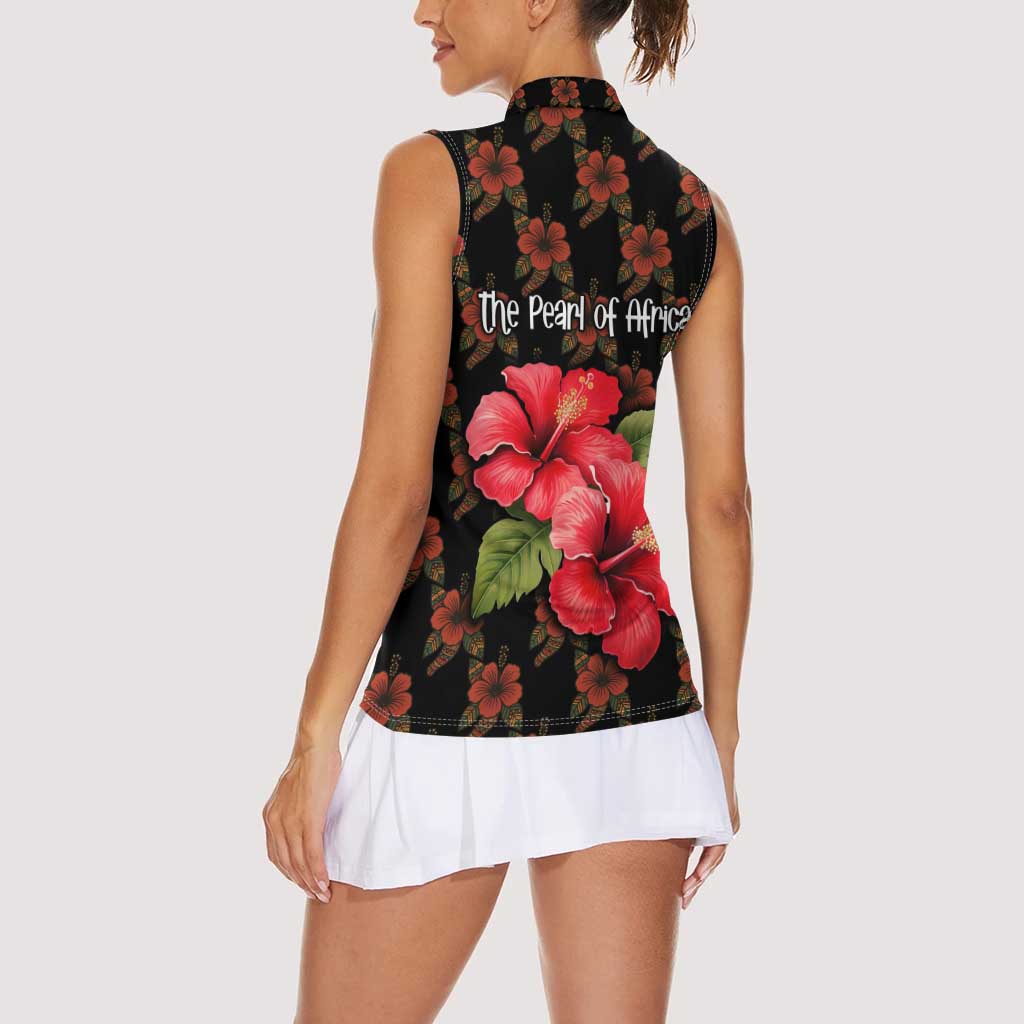 Uganda Women Sleeveless Polo Shirt with Hibiscus Flower Pattern and The Pearl of Africa Text