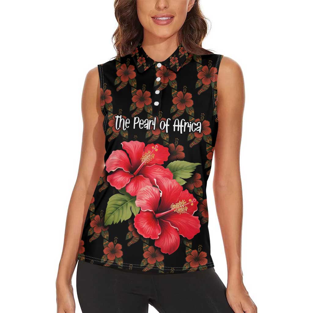 Uganda Women Sleeveless Polo Shirt with Hibiscus Flower Pattern and The Pearl of Africa Text