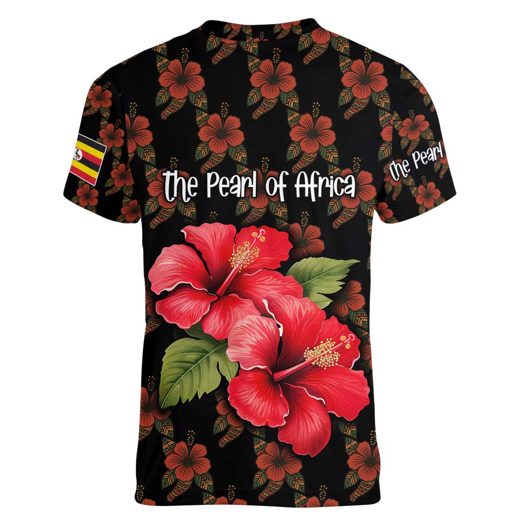 Uganda Women V-Neck T-Shirt with Hibiscus Flower Pattern and The Pearl of Africa Text