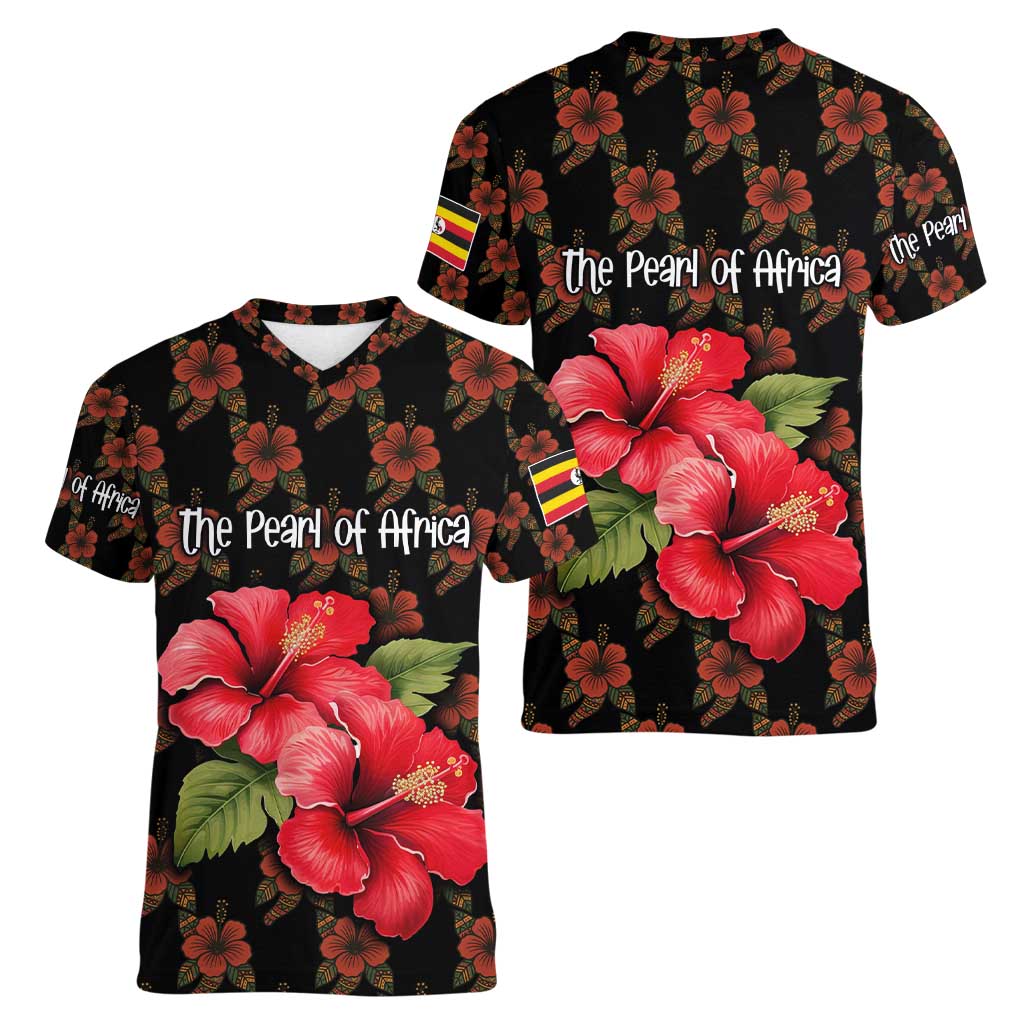 Uganda Women V-Neck T-Shirt with Hibiscus Flower Pattern and The Pearl of Africa Text