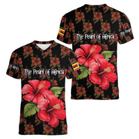 Uganda Women V-Neck T-Shirt with Hibiscus Flower Pattern and The Pearl of Africa Text