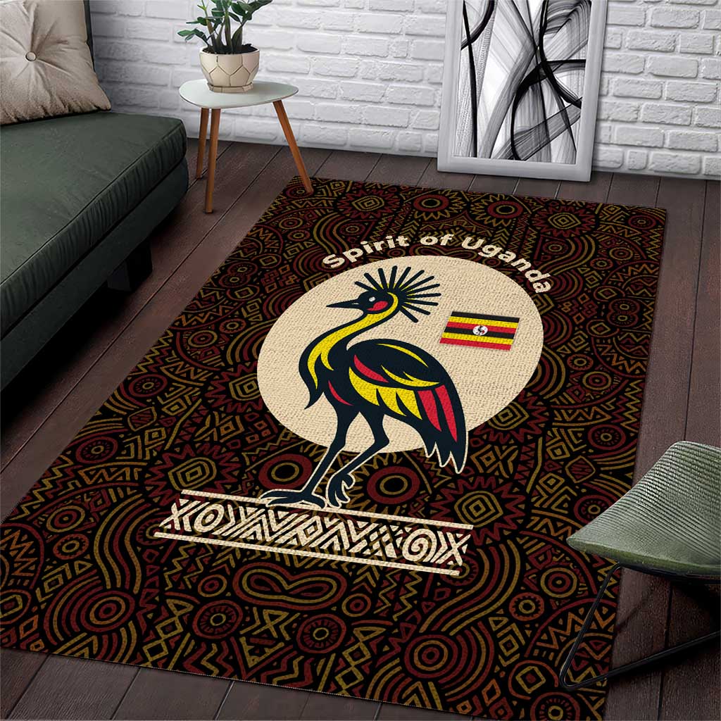 Uganda Area Rug with Grey Crowned Crane and Tribal Pattern Spirit of Uganda Theme