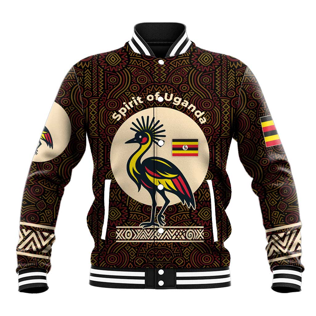 Uganda Baseball Jacket with Grey Crowned Crane and Tribal Pattern Spirit of Uganda Theme