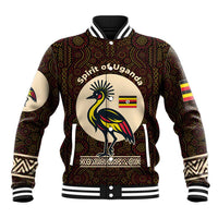 Uganda Baseball Jacket with Grey Crowned Crane and Tribal Pattern Spirit of Uganda Theme