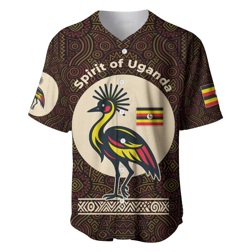 Uganda Baseball Jersey with Grey Crowned Crane and Tribal Pattern Spirit of Uganda Theme