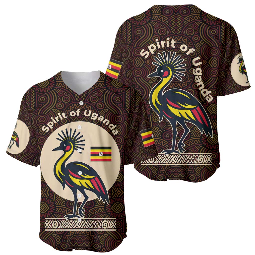 Uganda Baseball Jersey with Grey Crowned Crane and Tribal Pattern Spirit of Uganda Theme