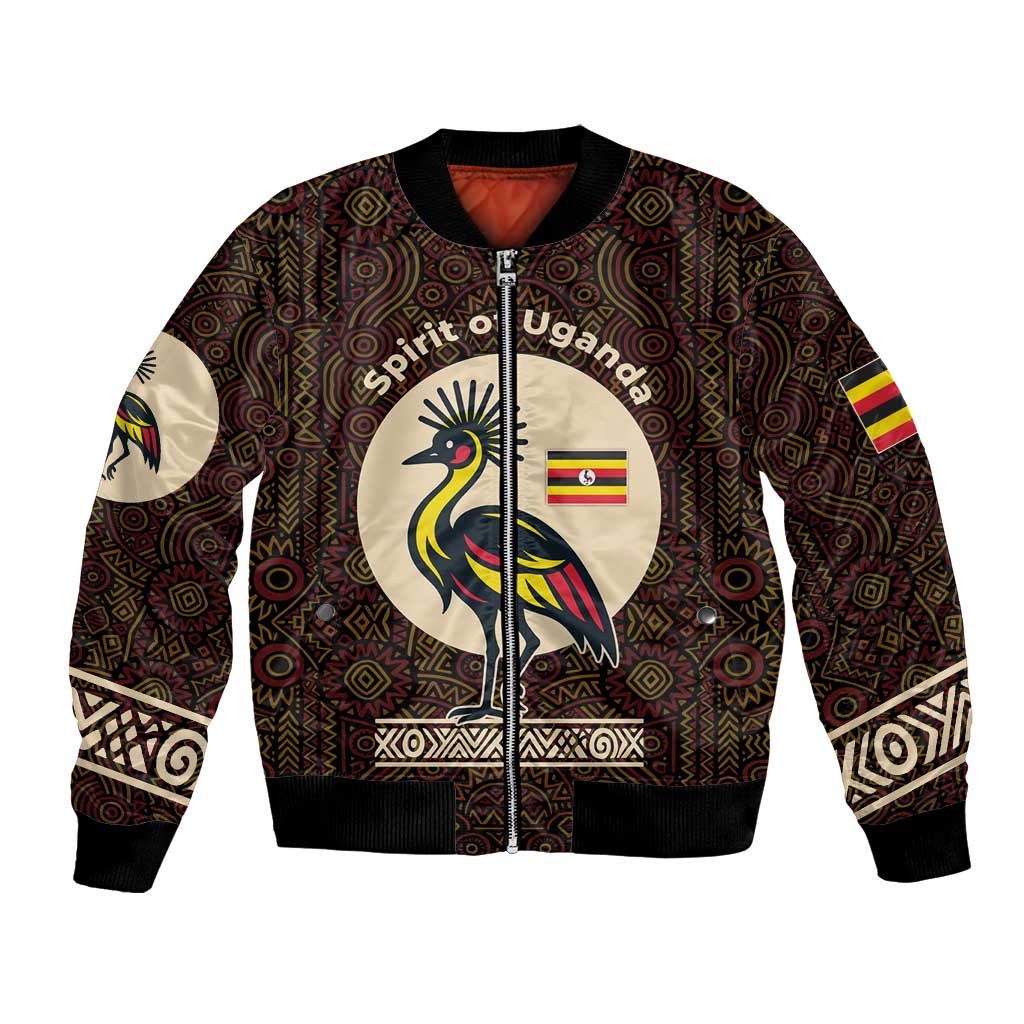 Uganda Bomber Jacket with Grey Crowned Crane and Tribal Pattern Spirit of Uganda Theme