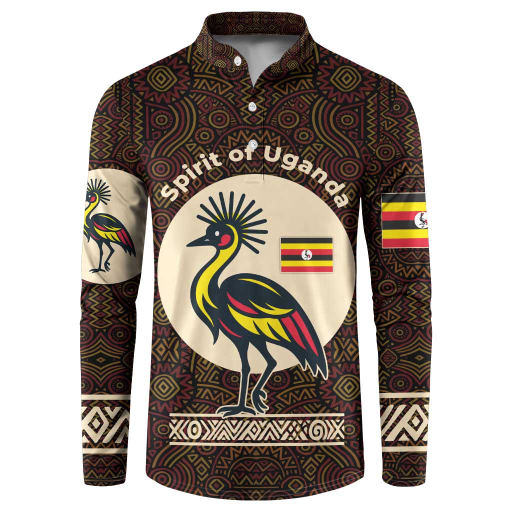 Uganda Button Sweatshirt with Grey Crowned Crane and Tribal Pattern Spirit of Uganda Theme