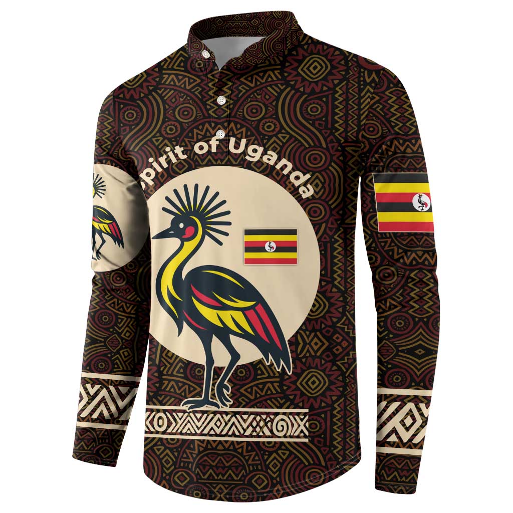 Uganda Button Sweatshirt with Grey Crowned Crane and Tribal Pattern Spirit of Uganda Theme