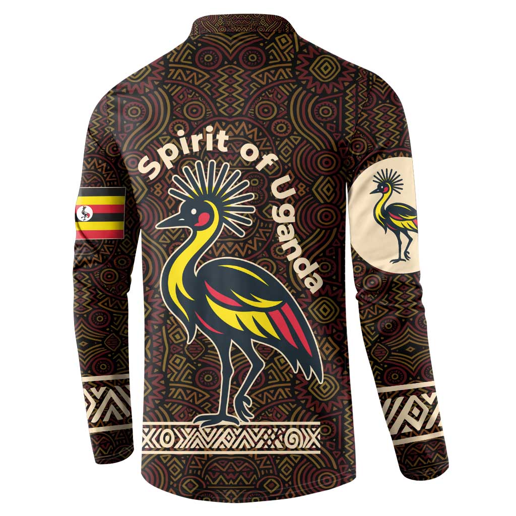 Uganda Button Sweatshirt with Grey Crowned Crane and Tribal Pattern Spirit of Uganda Theme