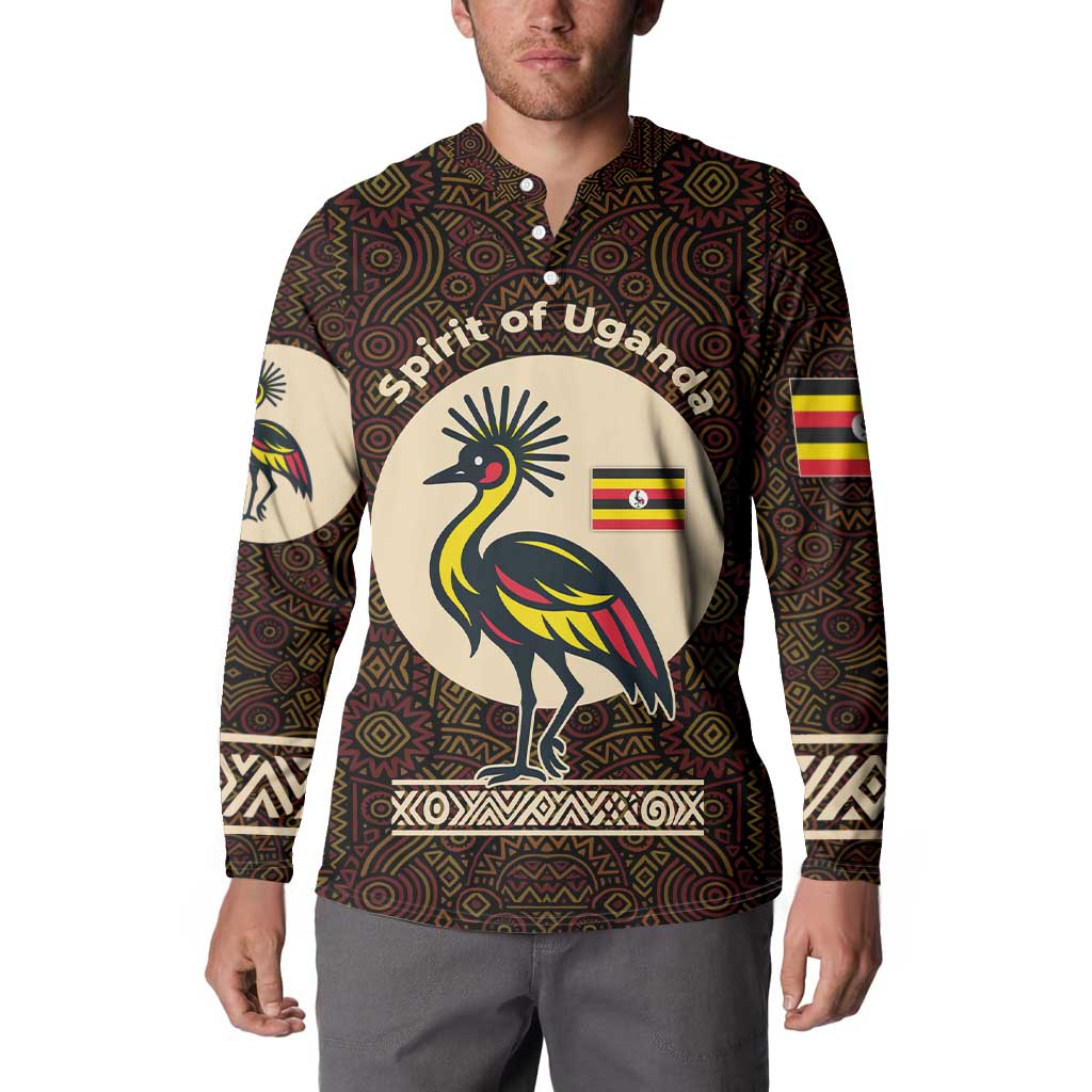 Uganda Button Sweatshirt with Grey Crowned Crane and Tribal Pattern Spirit of Uganda Theme
