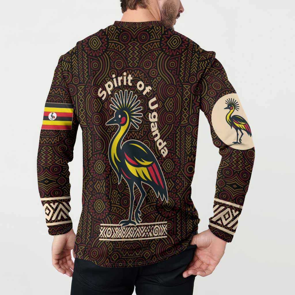 Uganda Button Sweatshirt with Grey Crowned Crane and Tribal Pattern Spirit of Uganda Theme