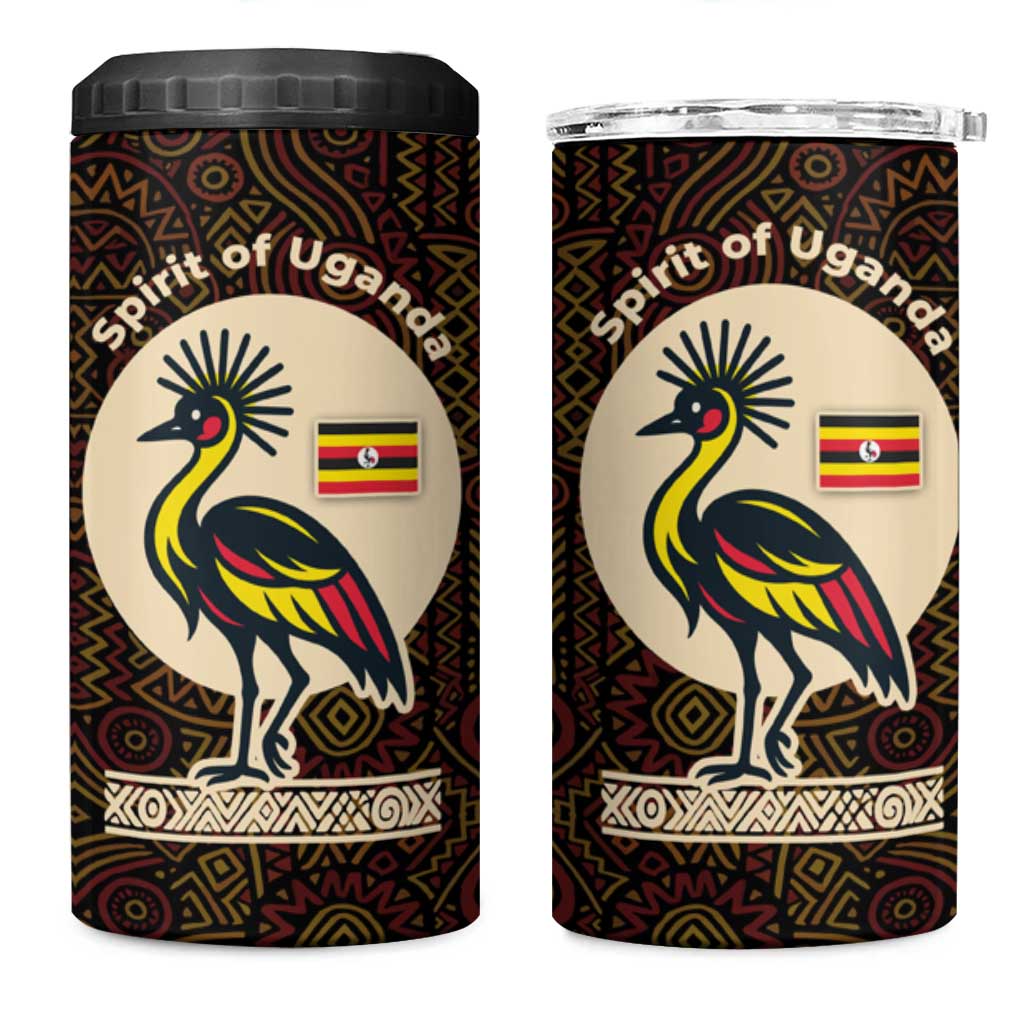 Uganda 4 in 1 Can Cooler Tumbler with Grey Crowned Crane and Tribal Pattern Spirit of Uganda Theme