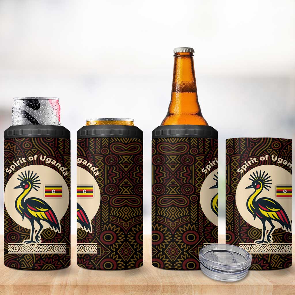 Uganda 4 in 1 Can Cooler Tumbler with Grey Crowned Crane and Tribal Pattern Spirit of Uganda Theme