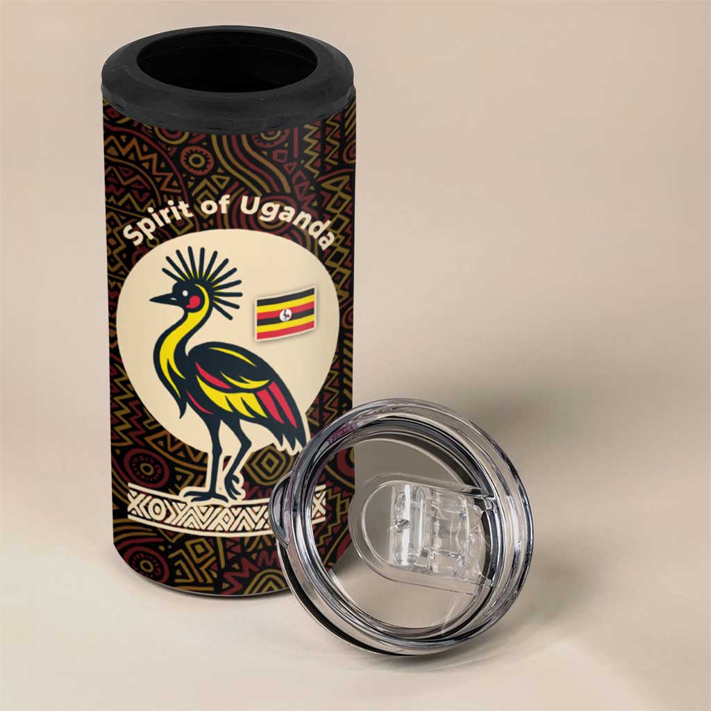Uganda 4 in 1 Can Cooler Tumbler with Grey Crowned Crane and Tribal Pattern Spirit of Uganda Theme