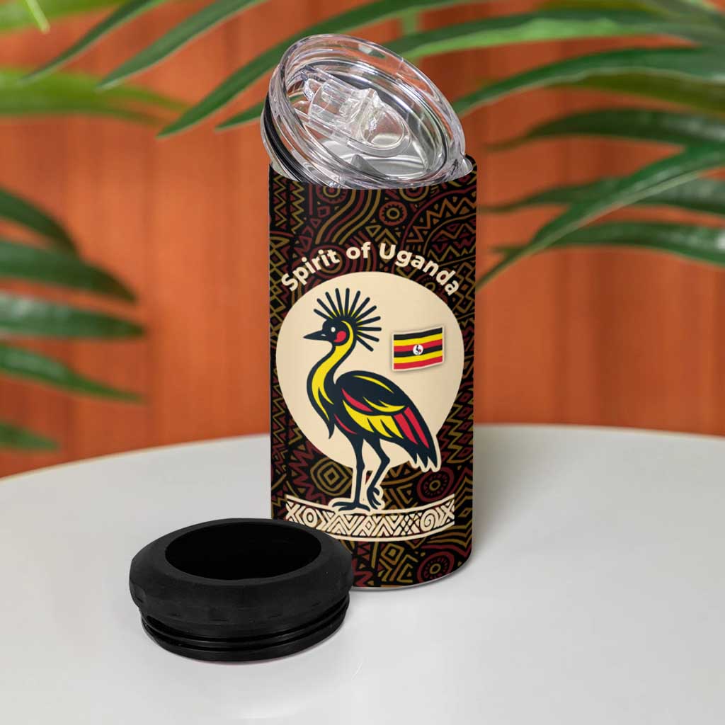 Uganda 4 in 1 Can Cooler Tumbler with Grey Crowned Crane and Tribal Pattern Spirit of Uganda Theme