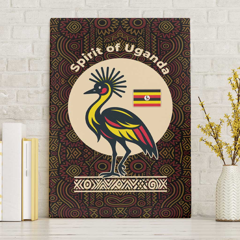 Uganda Canvas Wall Art with Grey Crowned Crane and Tribal Pattern Spirit of Uganda Theme