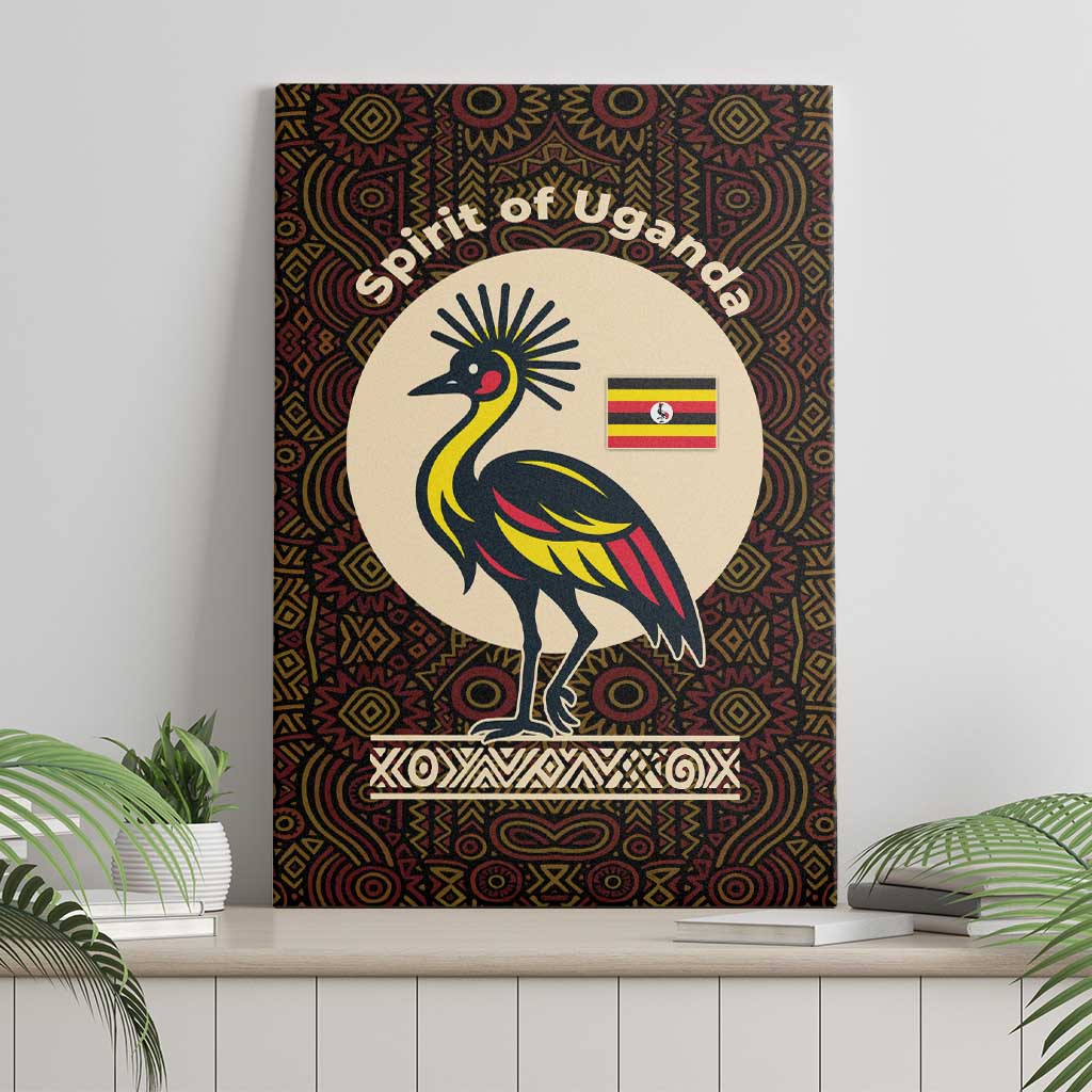 Uganda Canvas Wall Art with Grey Crowned Crane and Tribal Pattern Spirit of Uganda Theme