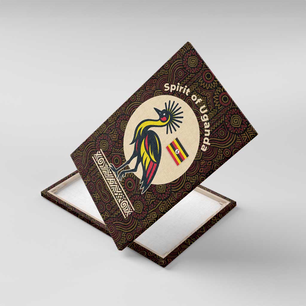 Uganda Canvas Wall Art with Grey Crowned Crane and Tribal Pattern Spirit of Uganda Theme