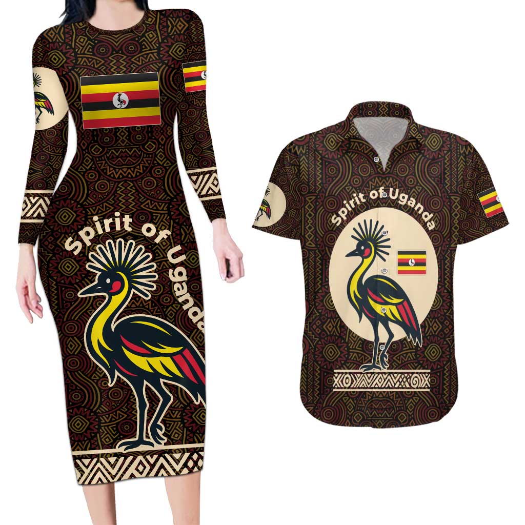 Uganda Couples Matching Long Sleeve Bodycon Dress and Hawaiian Shirt with Grey Crowned Crane and Tribal Pattern Spirit of Uganda Theme