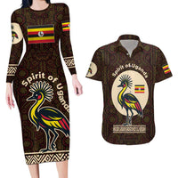 Uganda Couples Matching Long Sleeve Bodycon Dress and Hawaiian Shirt with Grey Crowned Crane and Tribal Pattern Spirit of Uganda Theme