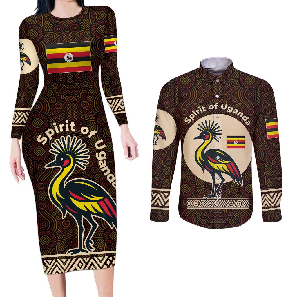 Uganda Couples Matching Long Sleeve Bodycon Dress and Long Sleeve Button Shirt with Grey Crowned Crane and Tribal Pattern Spirit of Uganda Theme