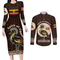 Uganda Couples Matching Long Sleeve Bodycon Dress and Long Sleeve Button Shirt with Grey Crowned Crane and Tribal Pattern Spirit of Uganda Theme