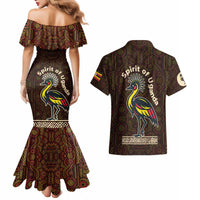 Uganda Couples Matching Mermaid Dress and Hawaiian Shirt with Grey Crowned Crane and Tribal Pattern Spirit of Uganda Theme