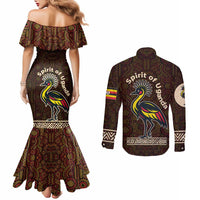 Uganda Couples Matching Mermaid Dress and Long Sleeve Button Shirt with Grey Crowned Crane and Tribal Pattern Spirit of Uganda Theme