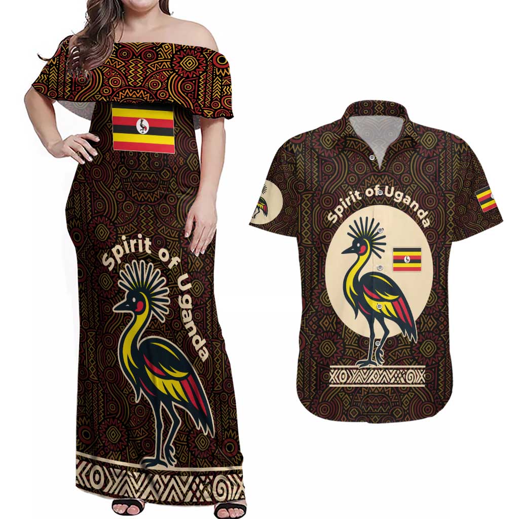 Uganda Couples Matching Off Shoulder Maxi Dress and Hawaiian Shirt with Grey Crowned Crane and Tribal Pattern Spirit of Uganda Theme