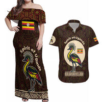 Uganda Couples Matching Off Shoulder Maxi Dress and Hawaiian Shirt with Grey Crowned Crane and Tribal Pattern Spirit of Uganda Theme