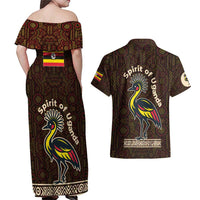 Uganda Couples Matching Off Shoulder Maxi Dress and Hawaiian Shirt with Grey Crowned Crane and Tribal Pattern Spirit of Uganda Theme