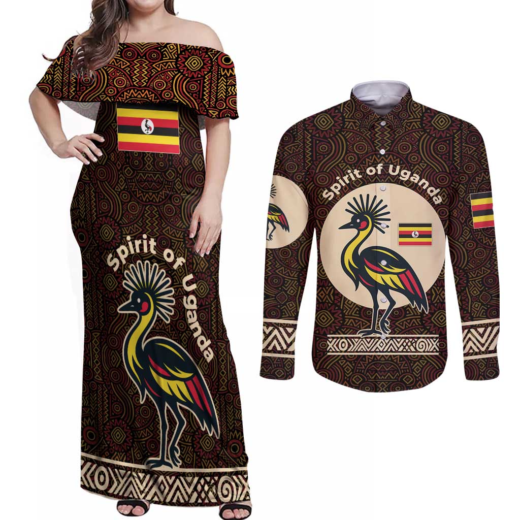 Uganda Couples Matching Off Shoulder Maxi Dress and Long Sleeve Button Shirt with Grey Crowned Crane and Tribal Pattern Spirit of Uganda Theme