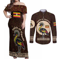 Uganda Couples Matching Off Shoulder Maxi Dress and Long Sleeve Button Shirt with Grey Crowned Crane and Tribal Pattern Spirit of Uganda Theme