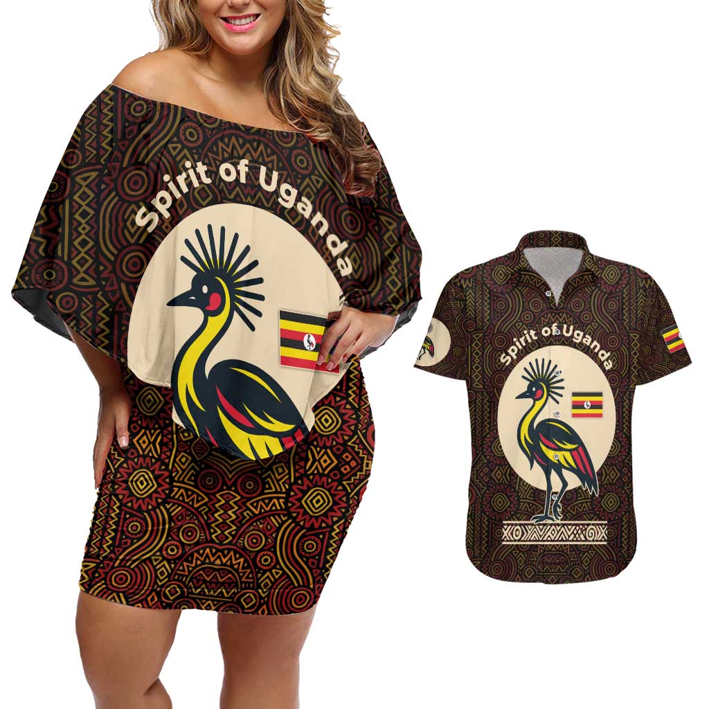 Uganda Couples Matching Off Shoulder Short Dress and Hawaiian Shirt with Grey Crowned Crane and Tribal Pattern Spirit of Uganda Theme