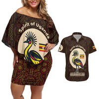 Uganda Couples Matching Off Shoulder Short Dress and Hawaiian Shirt with Grey Crowned Crane and Tribal Pattern Spirit of Uganda Theme