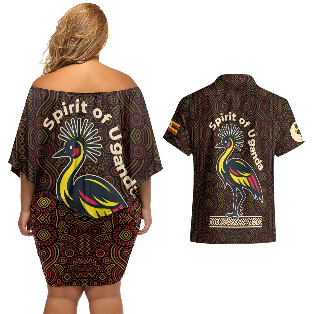 Uganda Couples Matching Off Shoulder Short Dress and Hawaiian Shirt with Grey Crowned Crane and Tribal Pattern Spirit of Uganda Theme