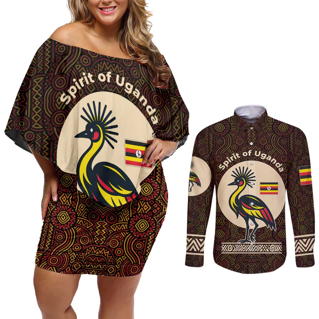 Uganda Couples Matching Off Shoulder Short Dress and Long Sleeve Button Shirt with Grey Crowned Crane and Tribal Pattern Spirit of Uganda Theme