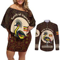 Uganda Couples Matching Off Shoulder Short Dress and Long Sleeve Button Shirt with Grey Crowned Crane and Tribal Pattern Spirit of Uganda Theme