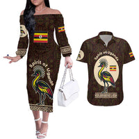 Uganda Couples Matching Off The Shoulder Long Sleeve Dress and Hawaiian Shirt with Grey Crowned Crane and Tribal Pattern Spirit of Uganda Theme