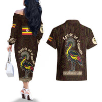 Uganda Couples Matching Off The Shoulder Long Sleeve Dress and Hawaiian Shirt with Grey Crowned Crane and Tribal Pattern Spirit of Uganda Theme