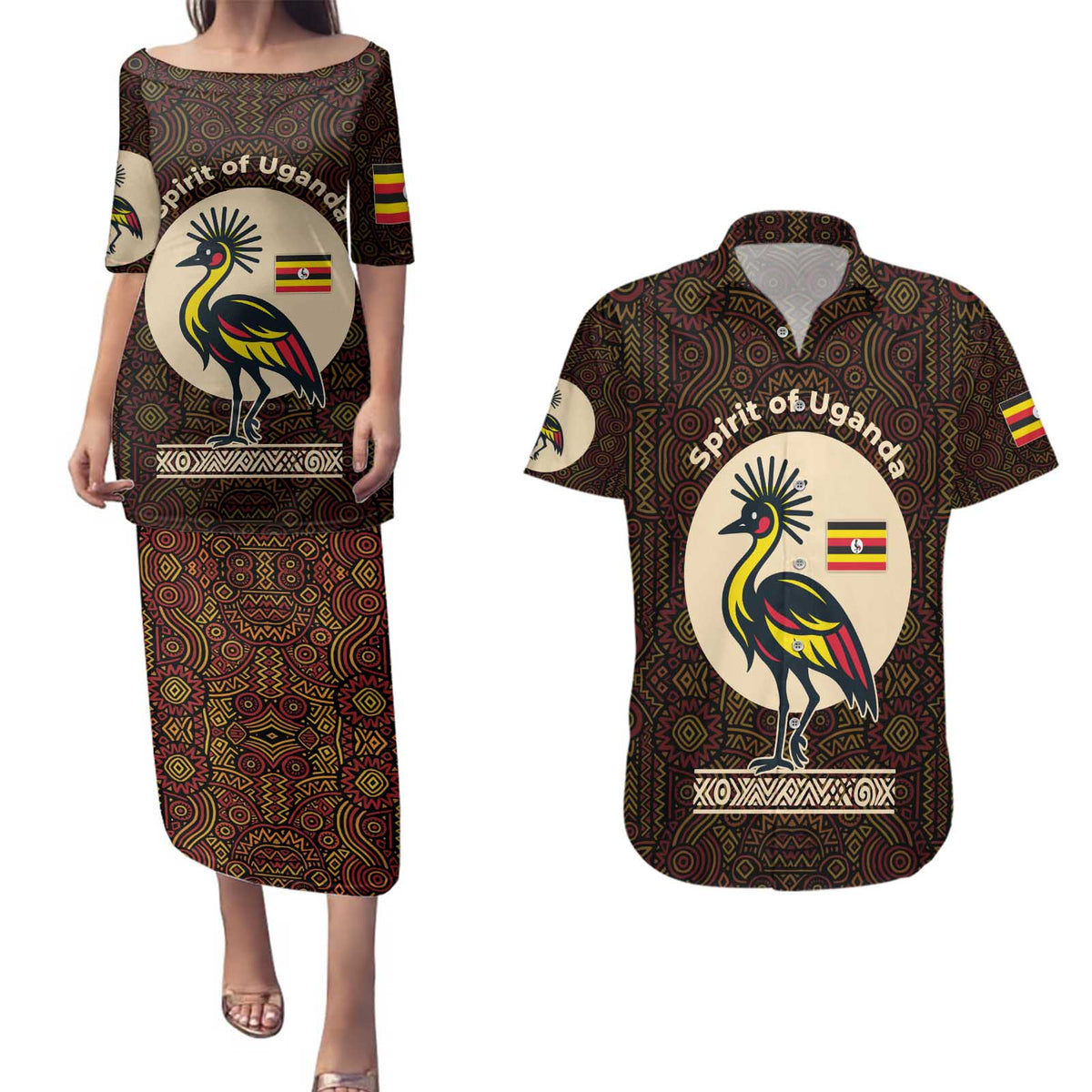 Uganda Couples Matching Puletasi and Hawaiian Shirt with Grey Crowned Crane and Tribal Pattern Spirit of Uganda Theme