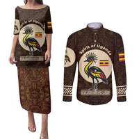 Uganda Couples Matching Puletasi and Long Sleeve Button Shirt with Grey Crowned Crane and Tribal Pattern Spirit of Uganda Theme