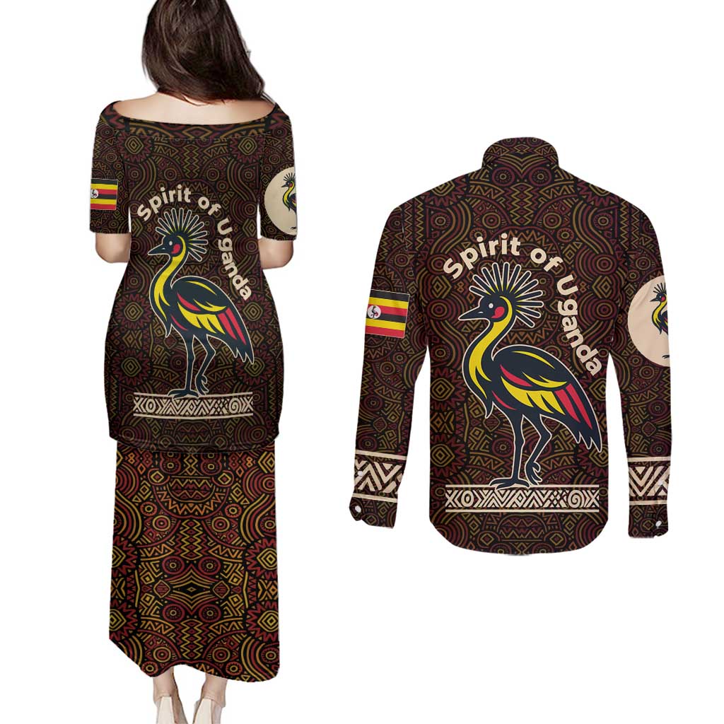 Uganda Couples Matching Puletasi and Long Sleeve Button Shirt with Grey Crowned Crane and Tribal Pattern Spirit of Uganda Theme