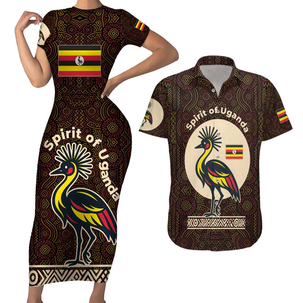 Uganda Couples Matching Short Sleeve Bodycon Dress and Hawaiian Shirt with Grey Crowned Crane and Tribal Pattern Spirit of Uganda Theme